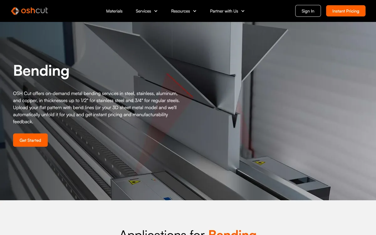The OSH Cut bending service page, saying to upload a flat pattern with bend lines or a 3D sheet metal model that they will unfold automatically