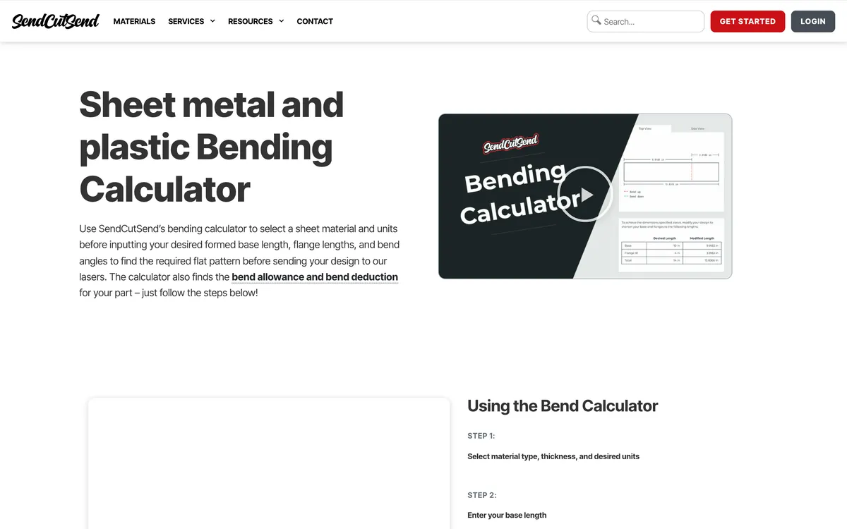 SendCutSend's sheet metal and plastic bending calculator page, which finds the flat pattern, bend allowance and bend deduction from formed lengths