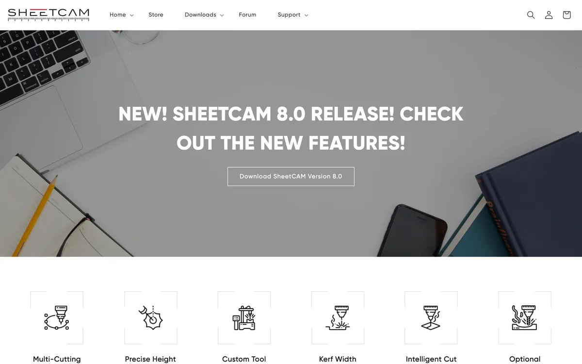 The SheetCAM store front page announcing SheetCAM 8.0, with icons for multi-cutting, height control, custom tools, kerf width and cut ordering