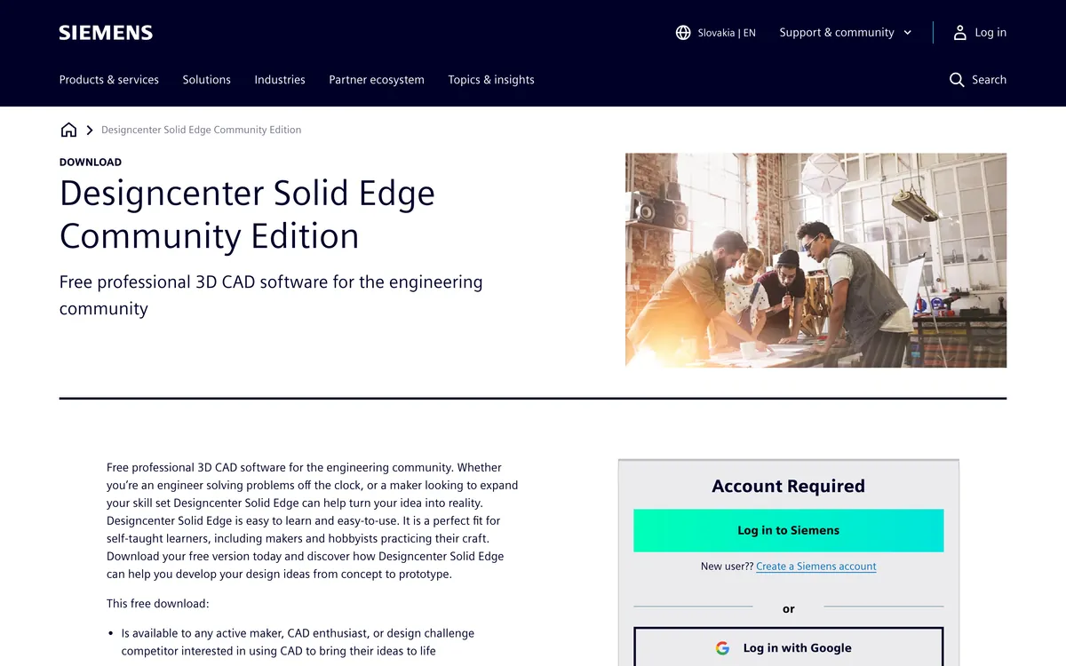 The Siemens Solid Edge Community Edition download page, describing free professional 3D CAD for the engineering community