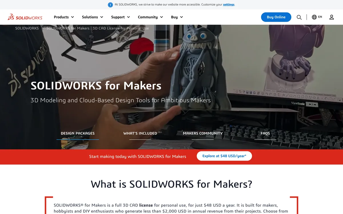 The SOLIDWORKS for Makers page, offering a personal-use licence at 48 dollars a year for makers earning less than 2,000 dollars