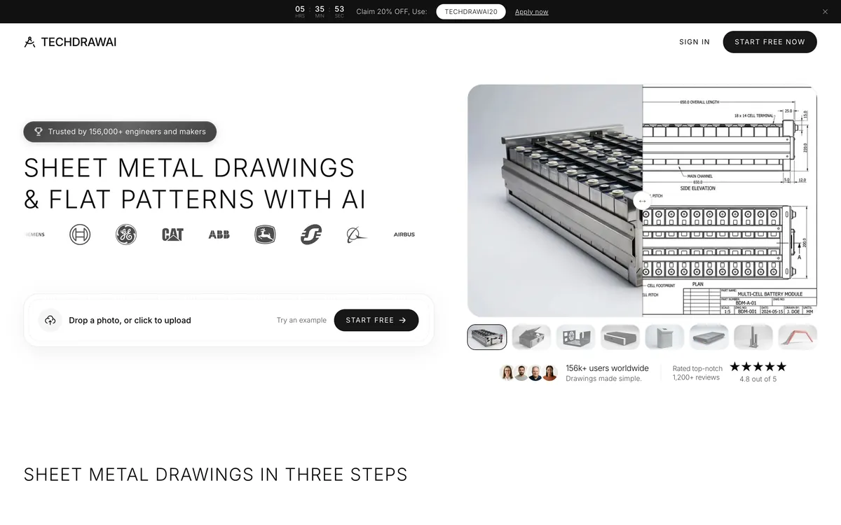 The TechDraw AI sheet metal page, headlined sheet metal drawings and flat patterns with AI, with a photo of a battery module beside its generated drawing