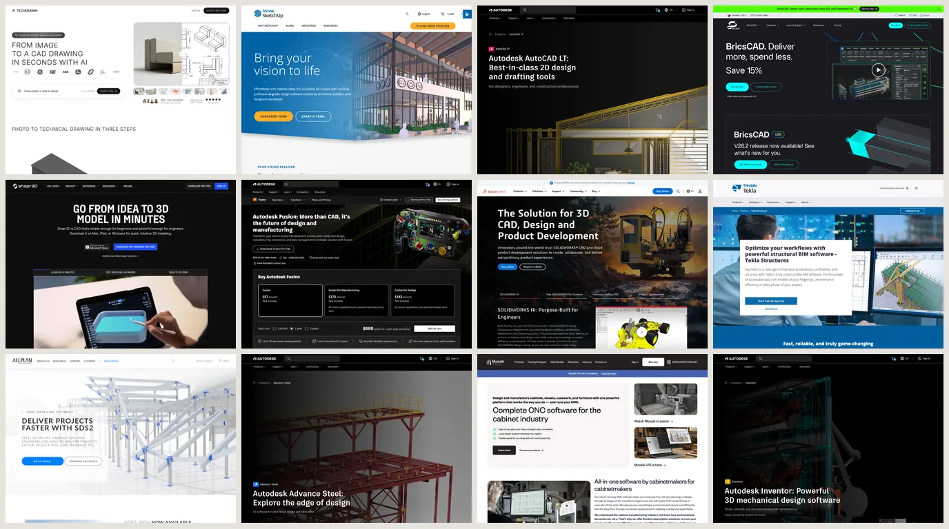 A grid of twelve software homepages: TechDraw AI, SketchUp, AutoCAD LT, BricsCAD, Shapr3D, Fusion, SOLIDWORKS, Tekla Structures, SDS2, Advance Steel, Mozaik and Inventor