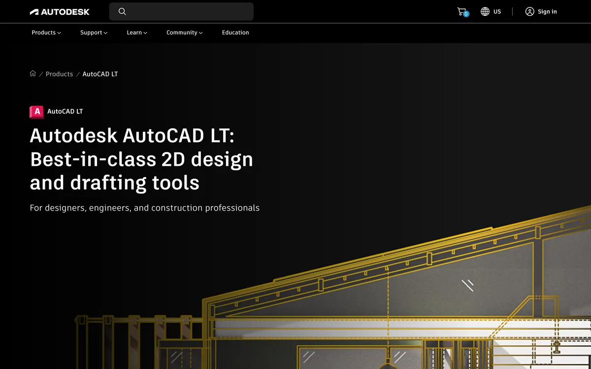 The Autodesk AutoCAD LT product page, headed 'Best-in-class 2D design and drafting tools', for designers, engineers and construction professionals