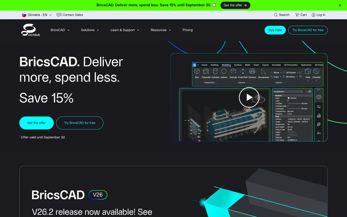 The Octave BricsCAD homepage headed 'BricsCAD. Deliver more, spend less. Save 15%', with an offer valid until September 30