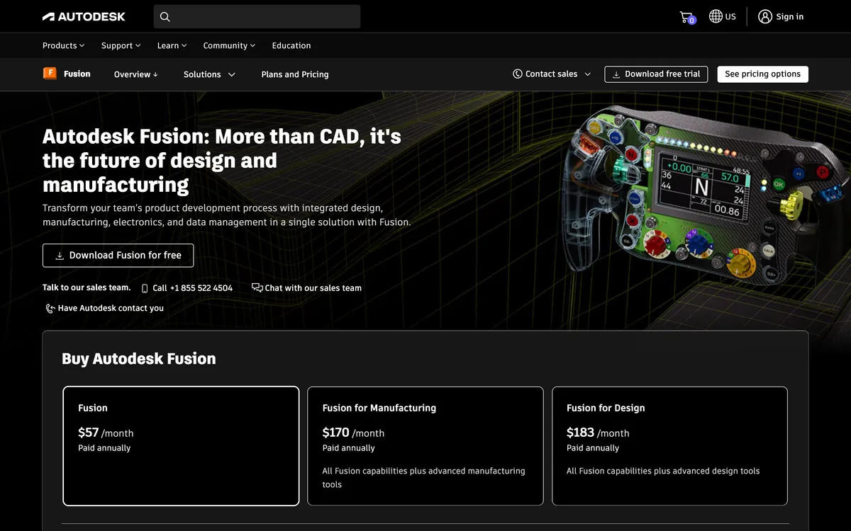 The Autodesk Fusion overview page with a Buy Autodesk Fusion panel showing Fusion at $57 a month, Fusion for Manufacturing at $170 and Fusion for Design at $183, each paid annually