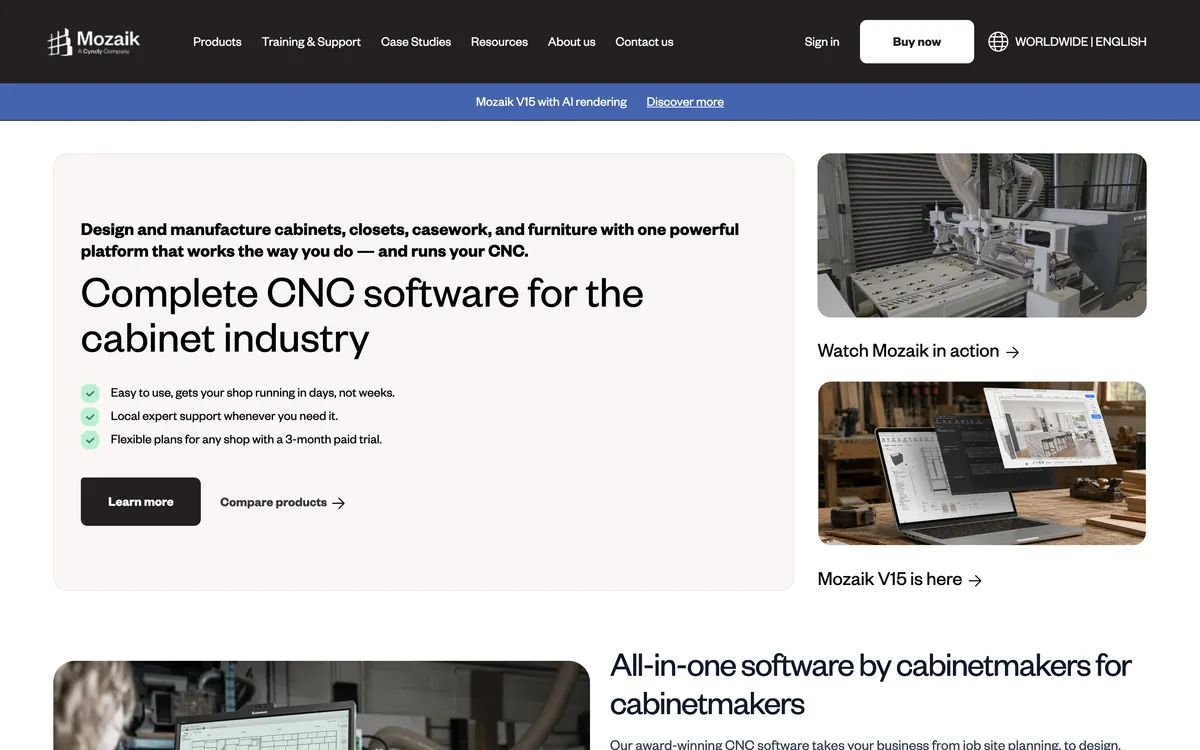 The Mozaik homepage headed 'Complete CNC software for the cabinet industry', with sections on Mozaik in action and all-in-one software for cabinetmakers