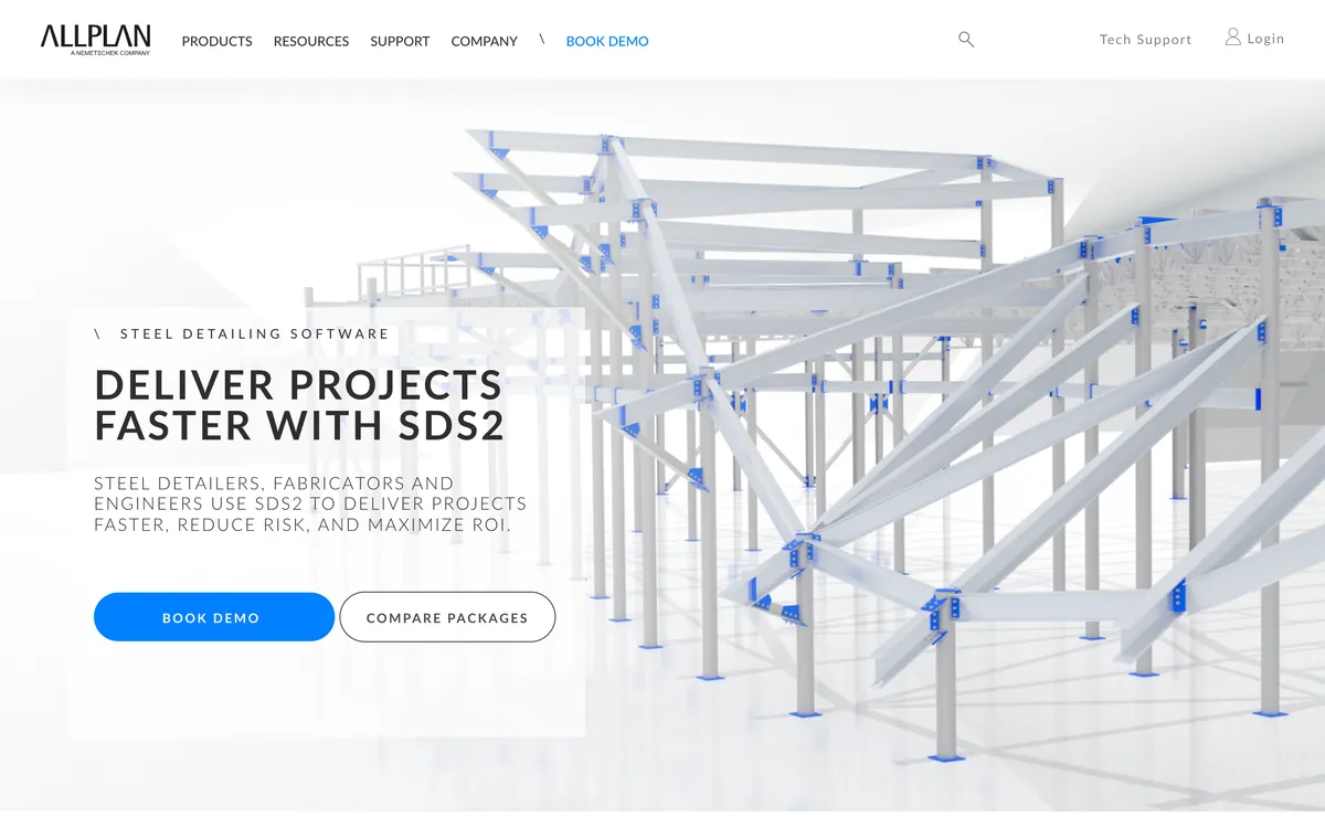 The SDS2 homepage under an Allplan header, reading 'Deliver projects faster with SDS2', with Book demo and Compare packages buttons