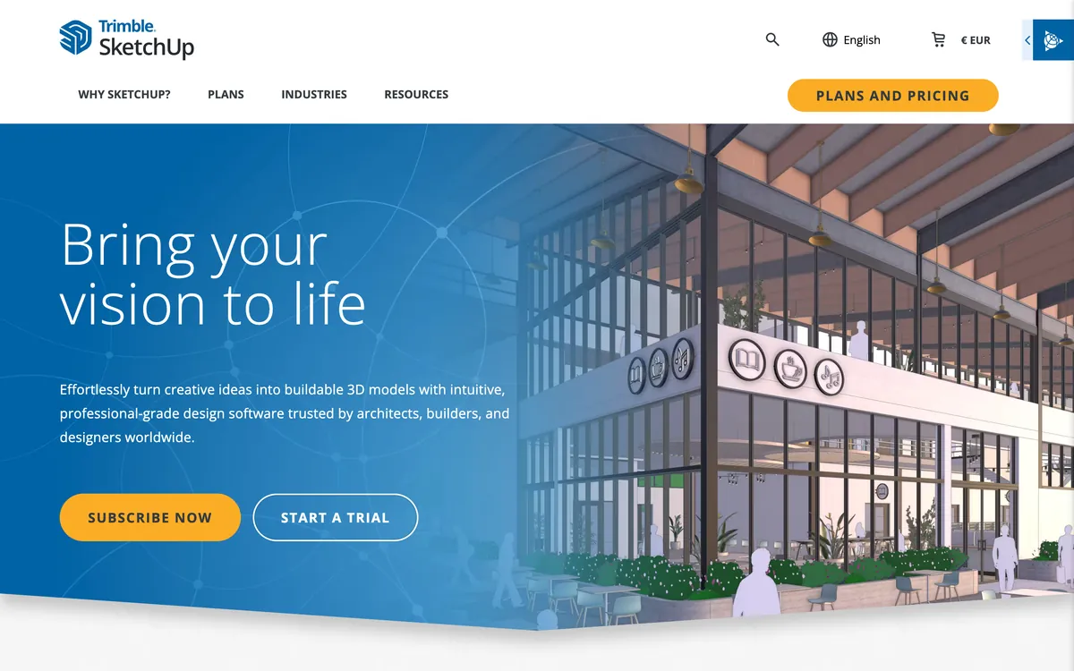 The Trimble SketchUp homepage headed 'Bring your vision to life', with Subscribe now and Start a trial buttons