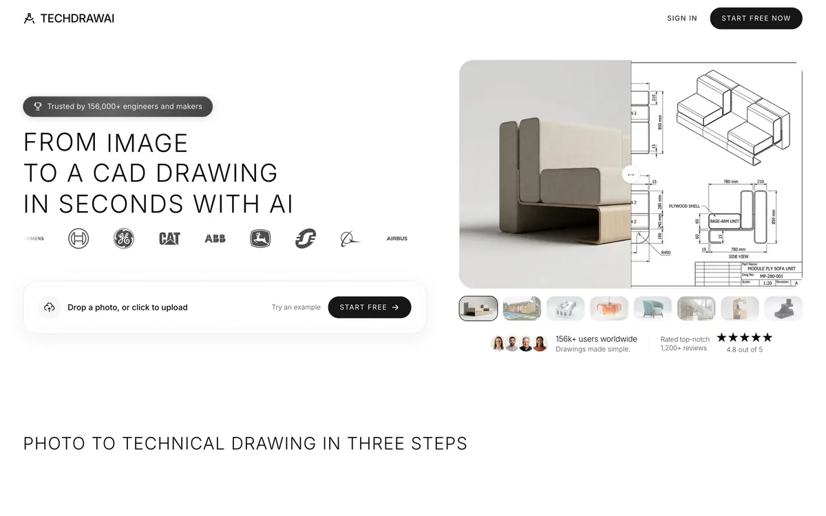 The TechDraw AI homepage headed 'From image to a CAD drawing in seconds with AI', with a photo of a plywood sofa module beside its dimensioned drawing and title block