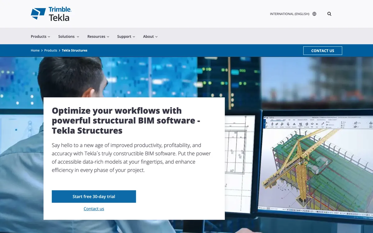 The Tekla Structures product page headed 'Optimize your workflows with powerful structural BIM software', with a Start free 30-day trial button and a Contact us link