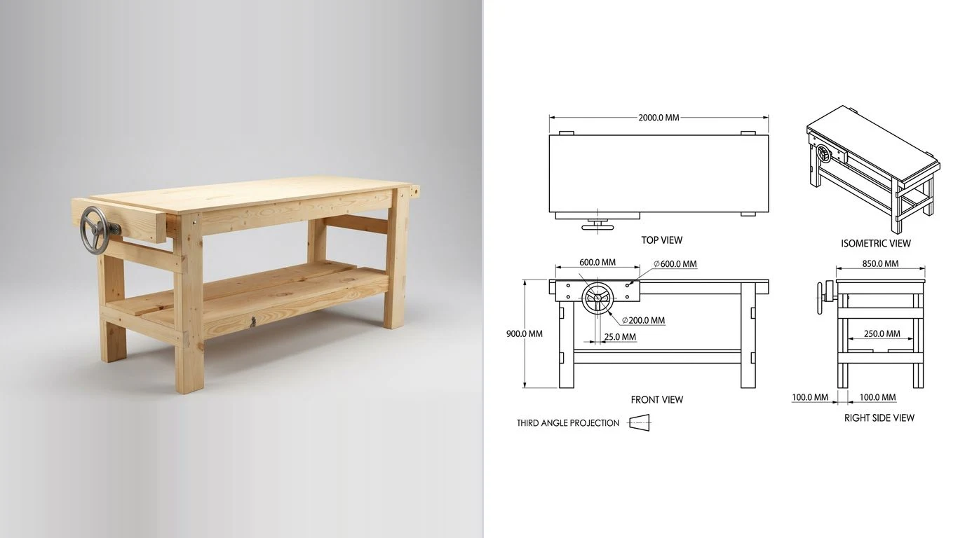A photo of a woodworking workbench with a laminated top and a vice on the left and its dimensioned technical drawing on the right