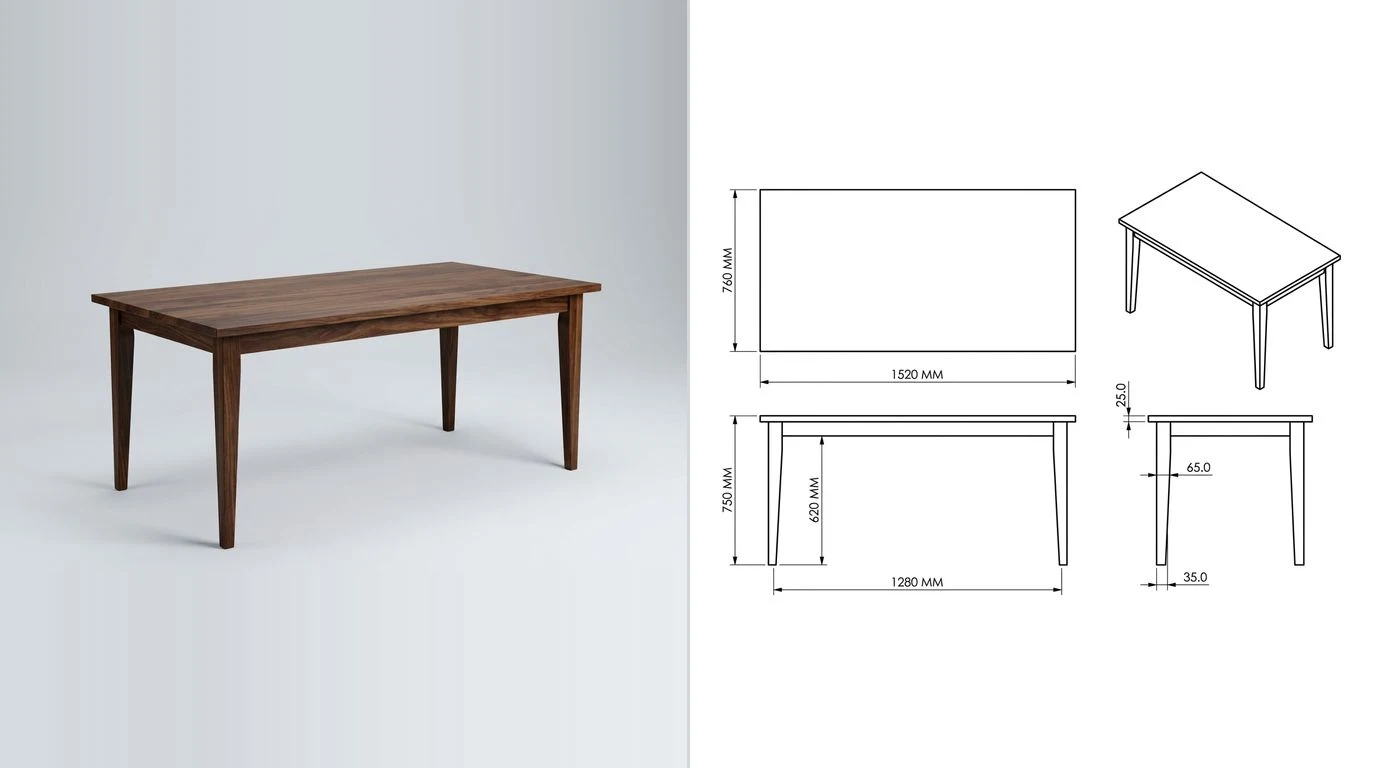 A photo of a wooden dining chair with a solid seat and tapered legs on the left and its dimensioned technical drawing on the right