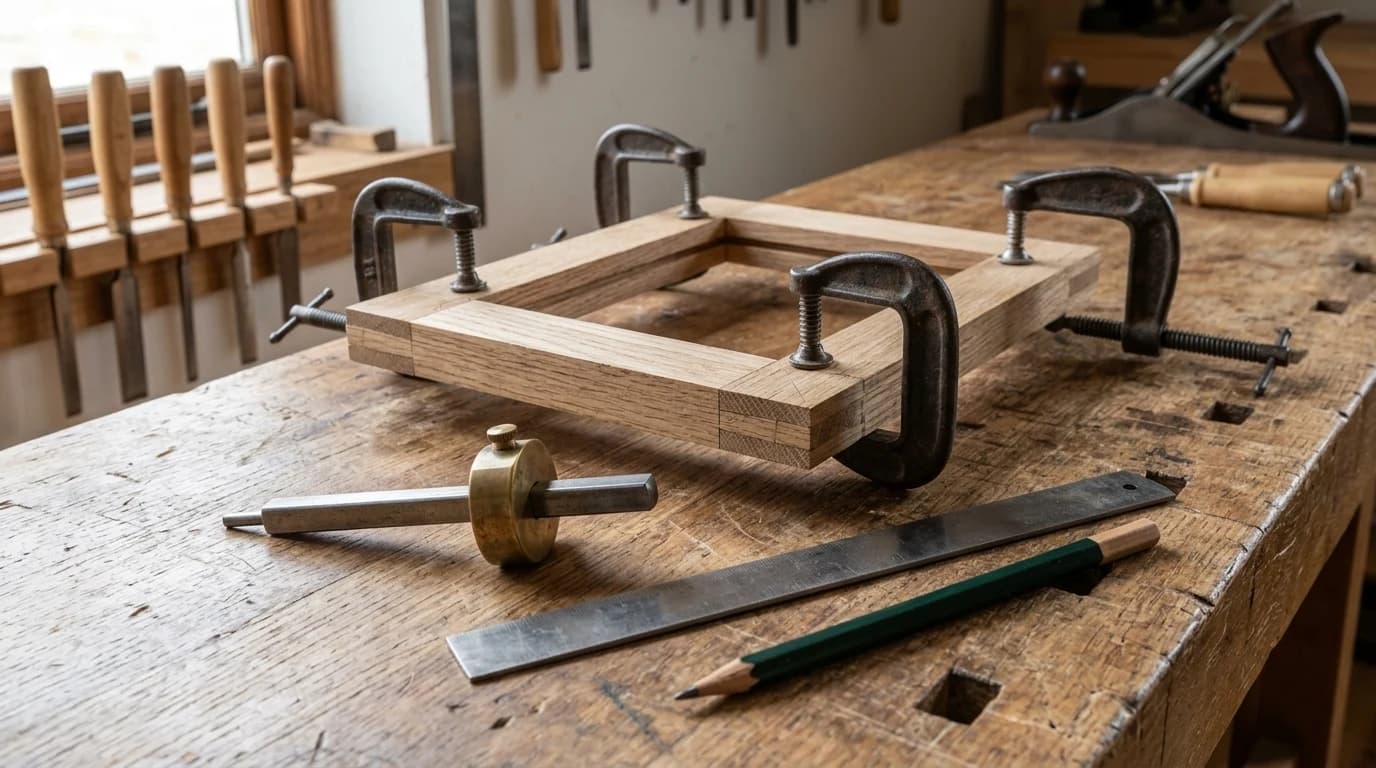 A woodworking bench with a marking gauge, a steel rule, a pencil and a partly assembled oak frame in clamps