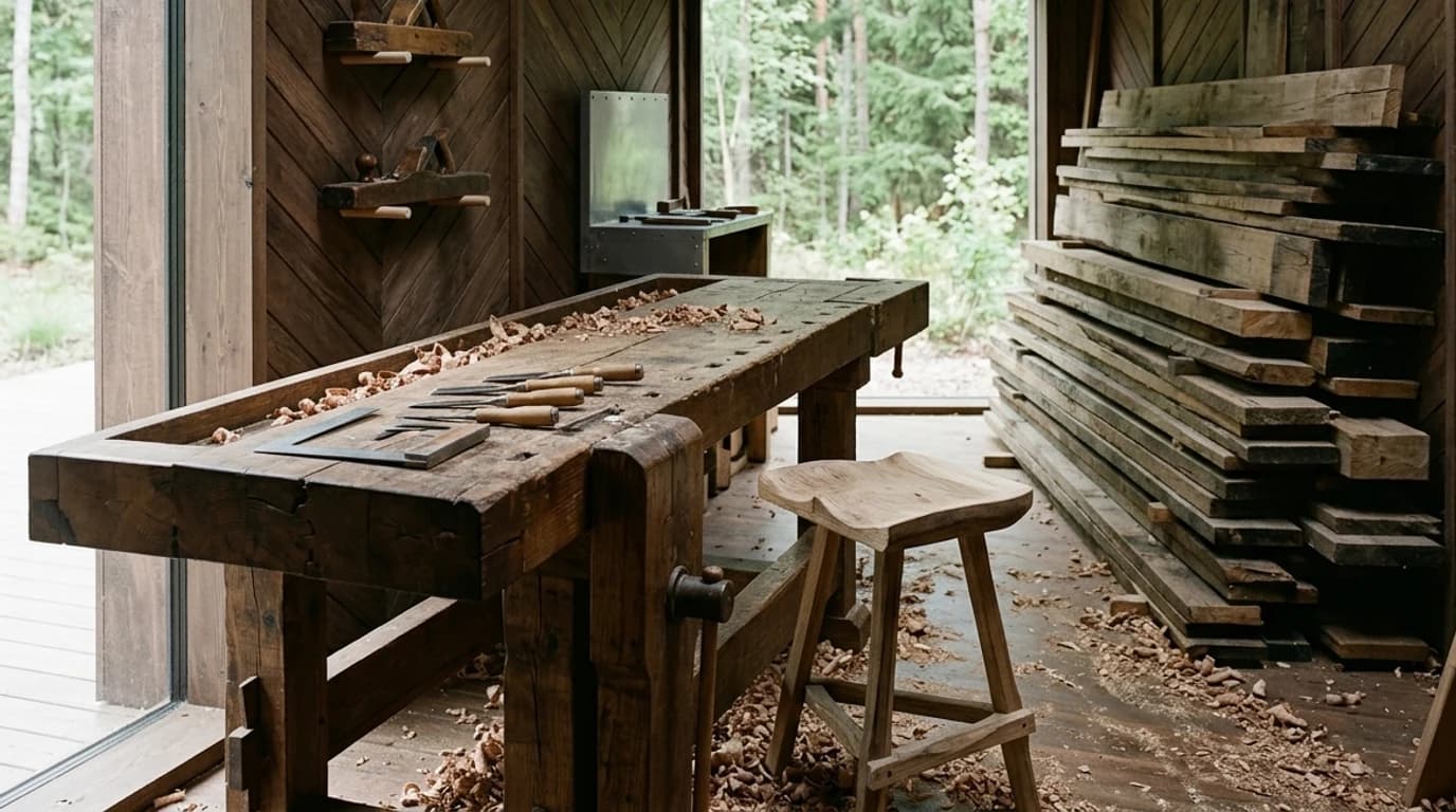 A one person furniture workshop with hand planes on the wall, a bench and stacked timber