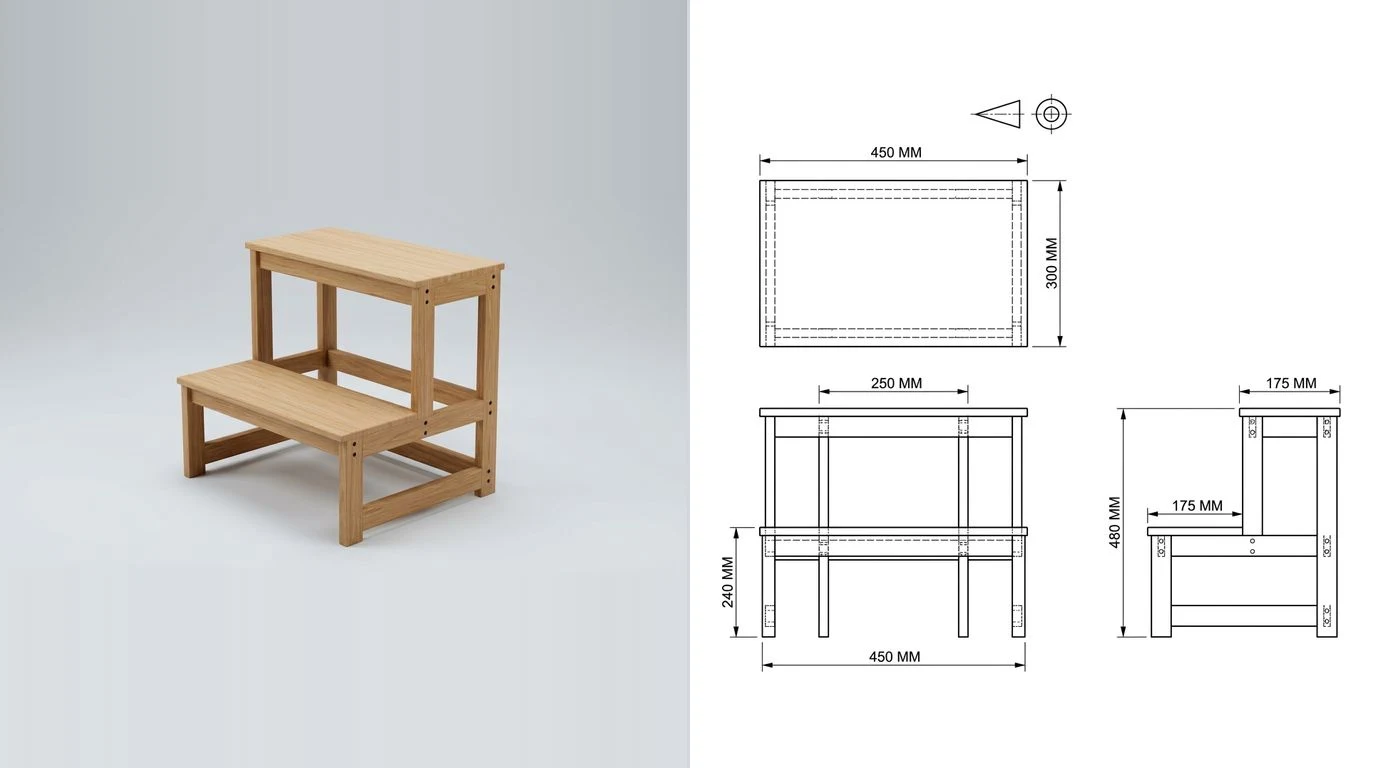 A photo of a small wooden step stool with two steps on the left and its dimensioned technical drawing on the right
