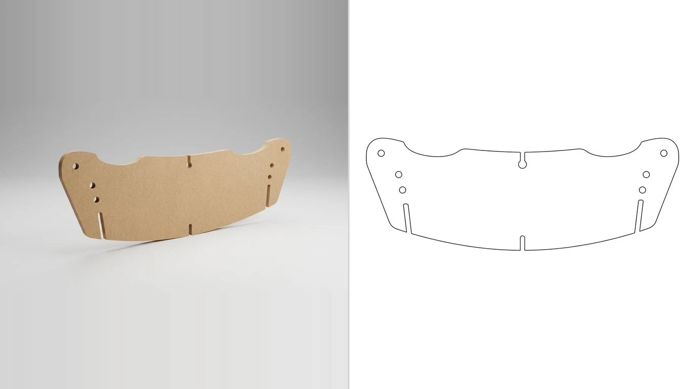 A photo of a curved MDF router template on the left and its flat cutting path on the right