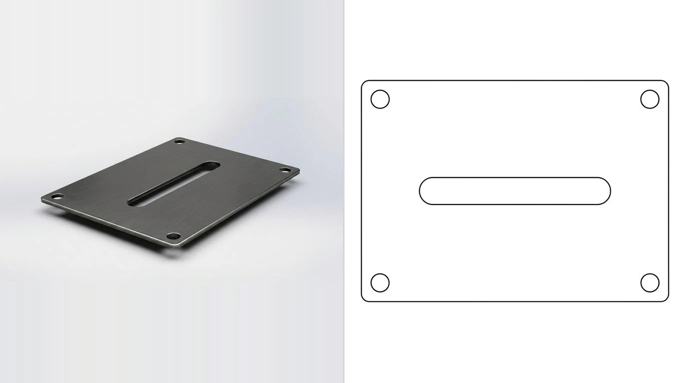 A photo of a flat laser cut steel plate with a large slot on the left and its closed cutting outline on the right
