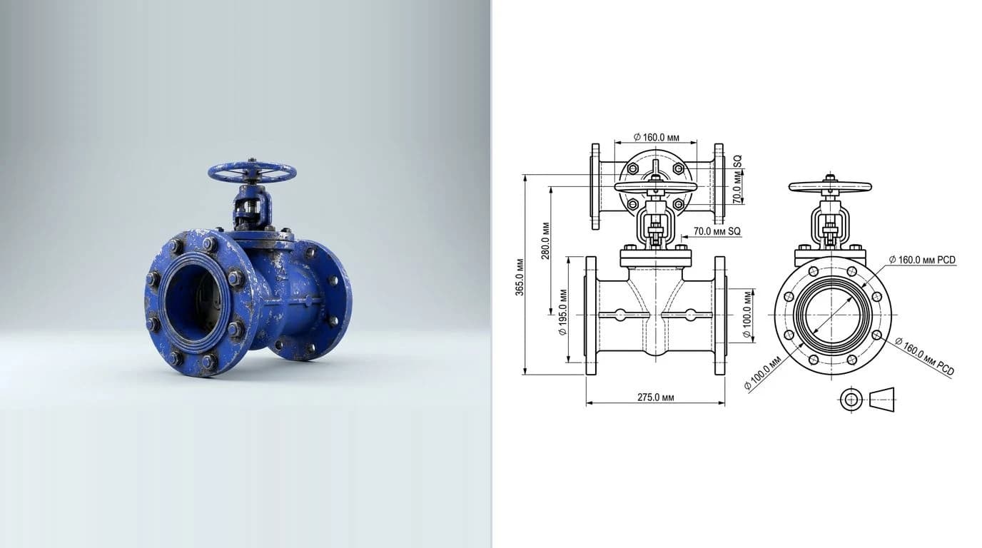 A photo of a cast industrial valve body with two flanged ports on the left and its dimensioned technical drawing on the right