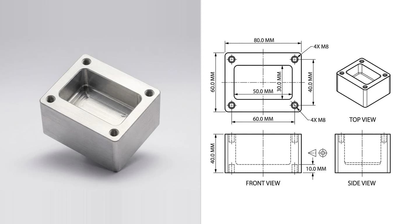 A photo of a machined aluminium block with a milled pocket on the left and its dimensioned technical drawing on the right