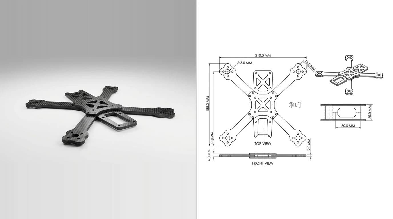 A photo of a flat carbon fibre drone frame plate with arm cutouts on the left and its dimensioned technical drawing on the right