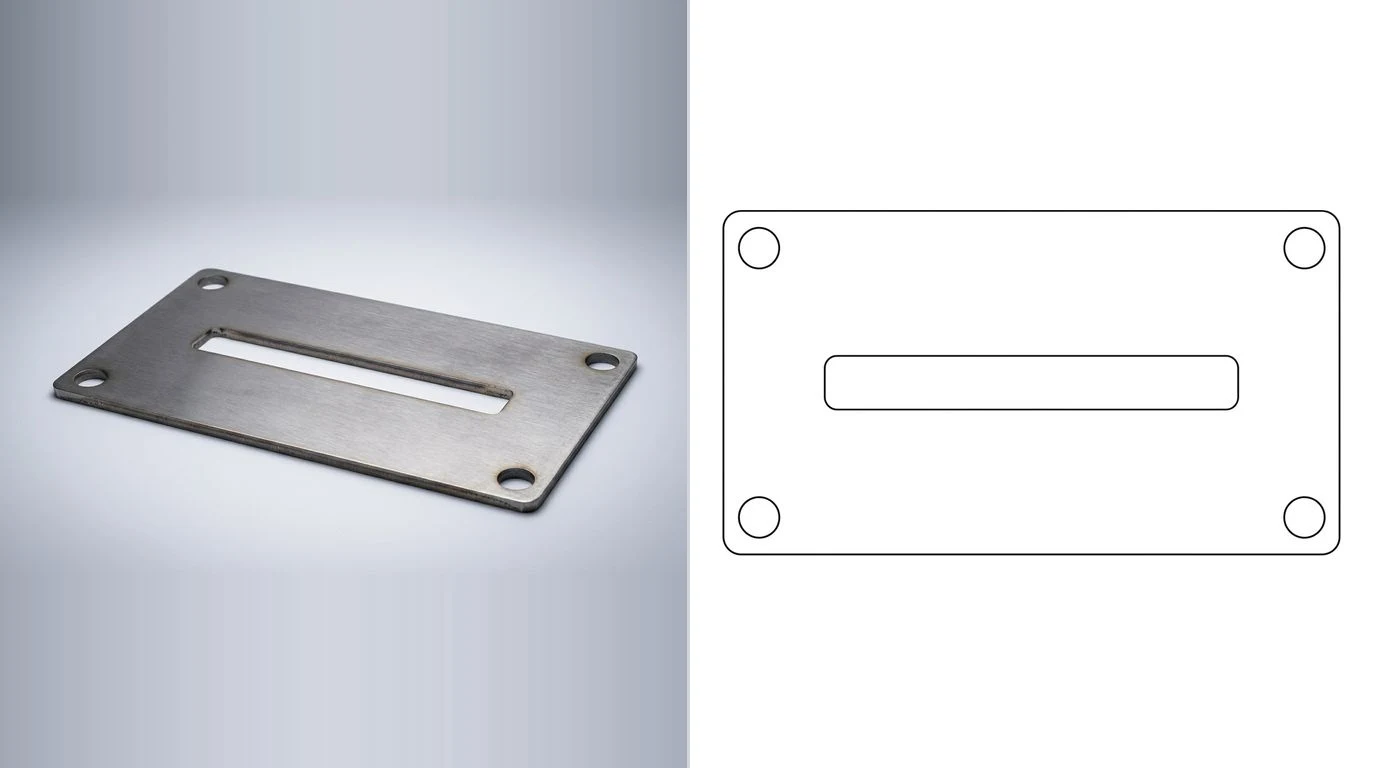 A photo of a flat laser cut steel plate with a slot on the left and its closed cutting outline on the right