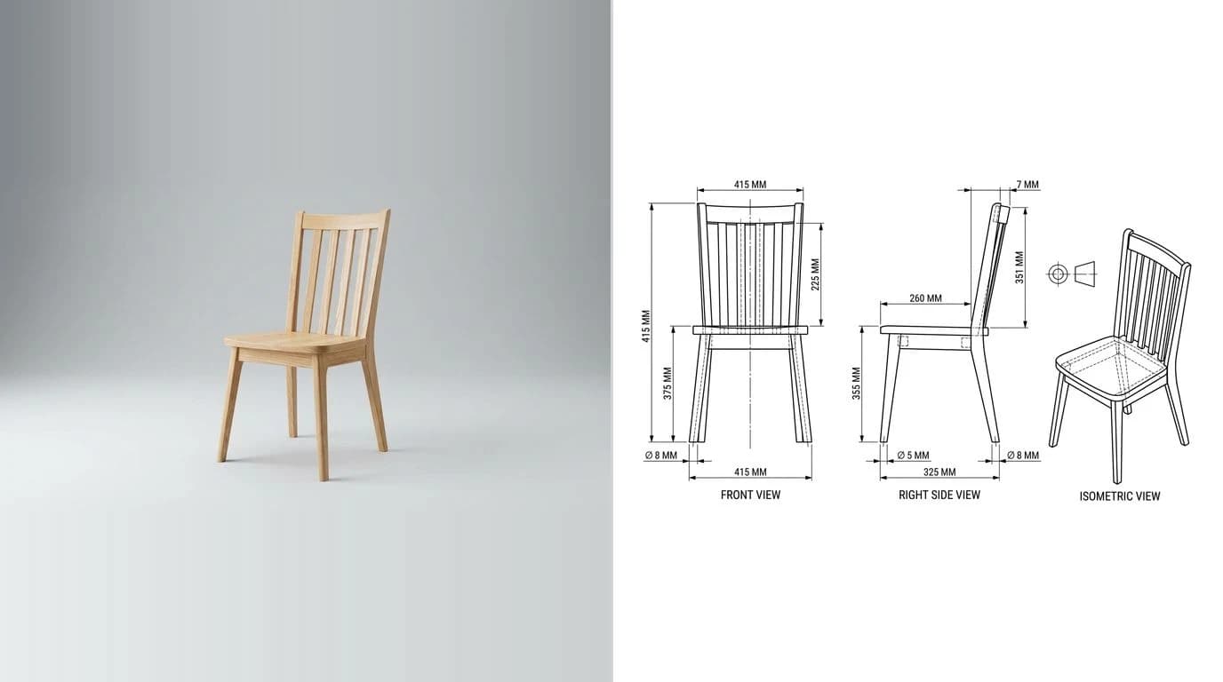 A photo of a solid wood dining chair with a slatted back on the left and its dimensioned technical drawing on the right