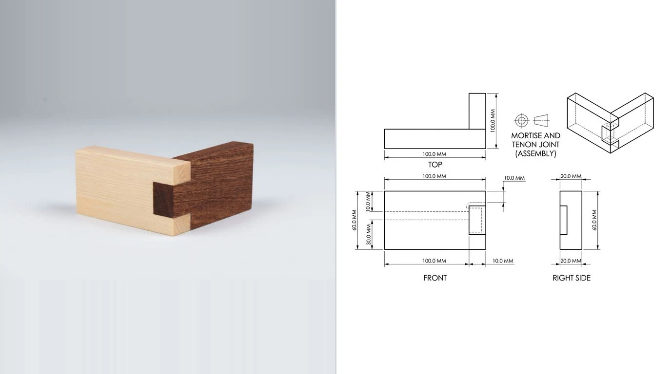 A photo of a half assembled wooden mortise and tenon joint on the left and its dimensioned technical drawing on the right
