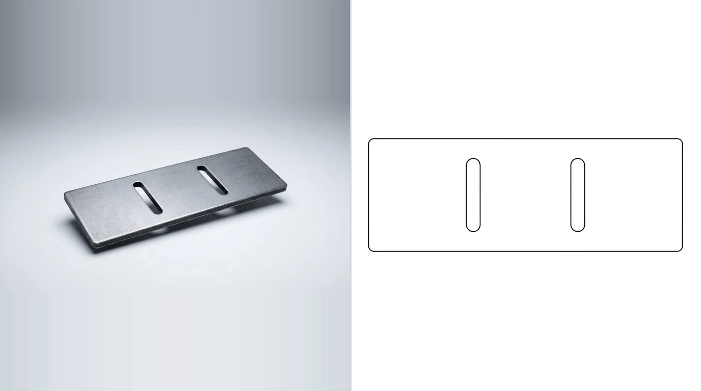 A photo of a flat laser cut steel bracket blank with two slots on the left and its closed cutting outline on the right