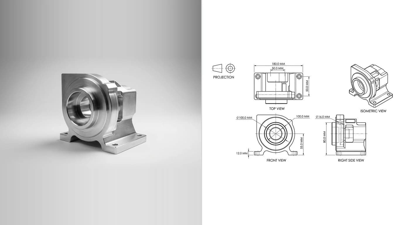 A photo of a machined aluminium pump housing on the left and its dimensioned technical drawing on the right