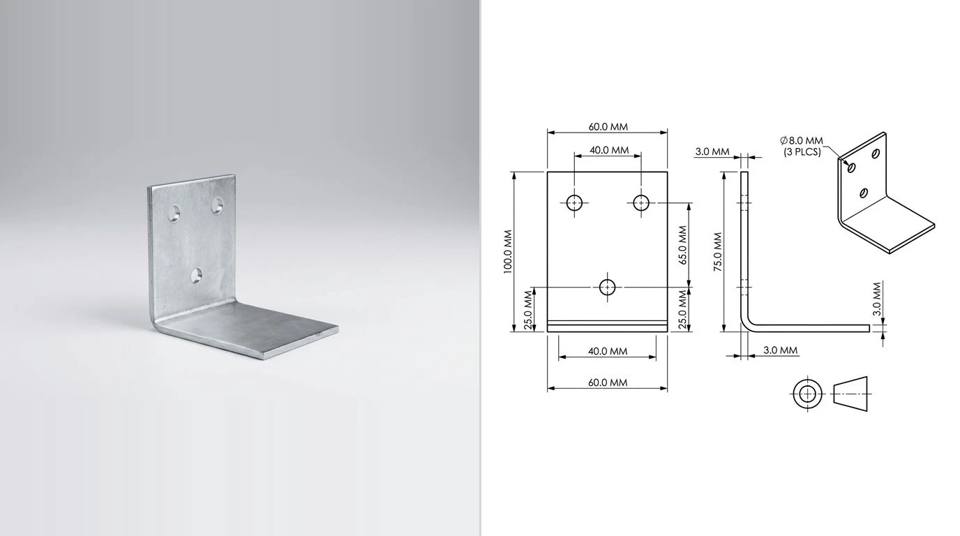 A photo of a folded steel angle bracket on the left and its dimensioned technical drawing on the right