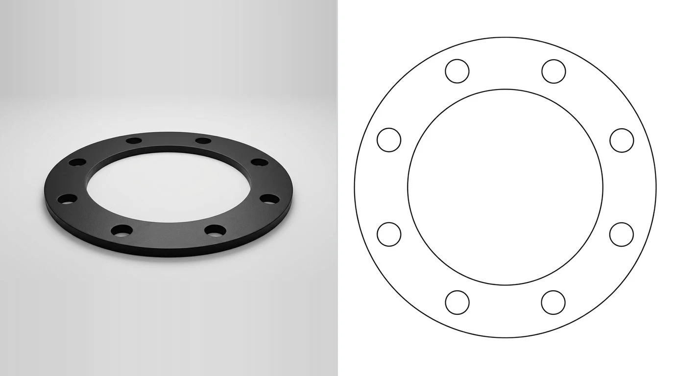 A photo of a flat rubber gasket ring with bolt holes on the left and its closed cutting outline on the right