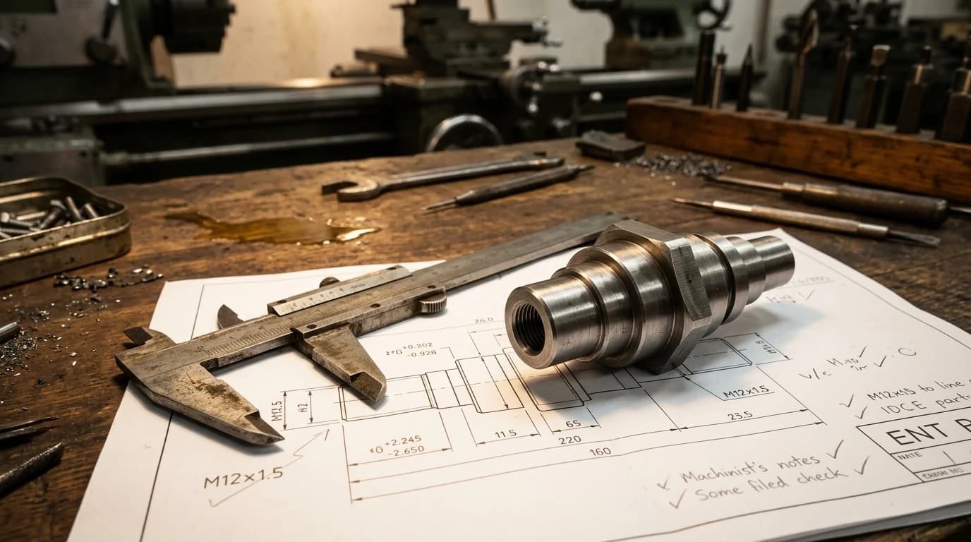 A printed drawing, a caliper and a finished steel part side by side on a machinist's bench