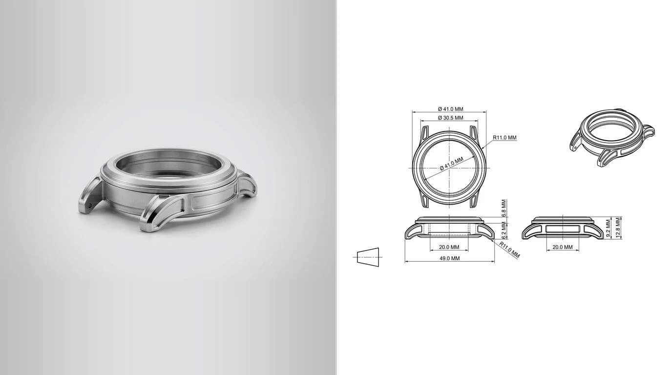 A photo of a machined stainless steel watch case on the left and its dimensioned technical drawing on the right