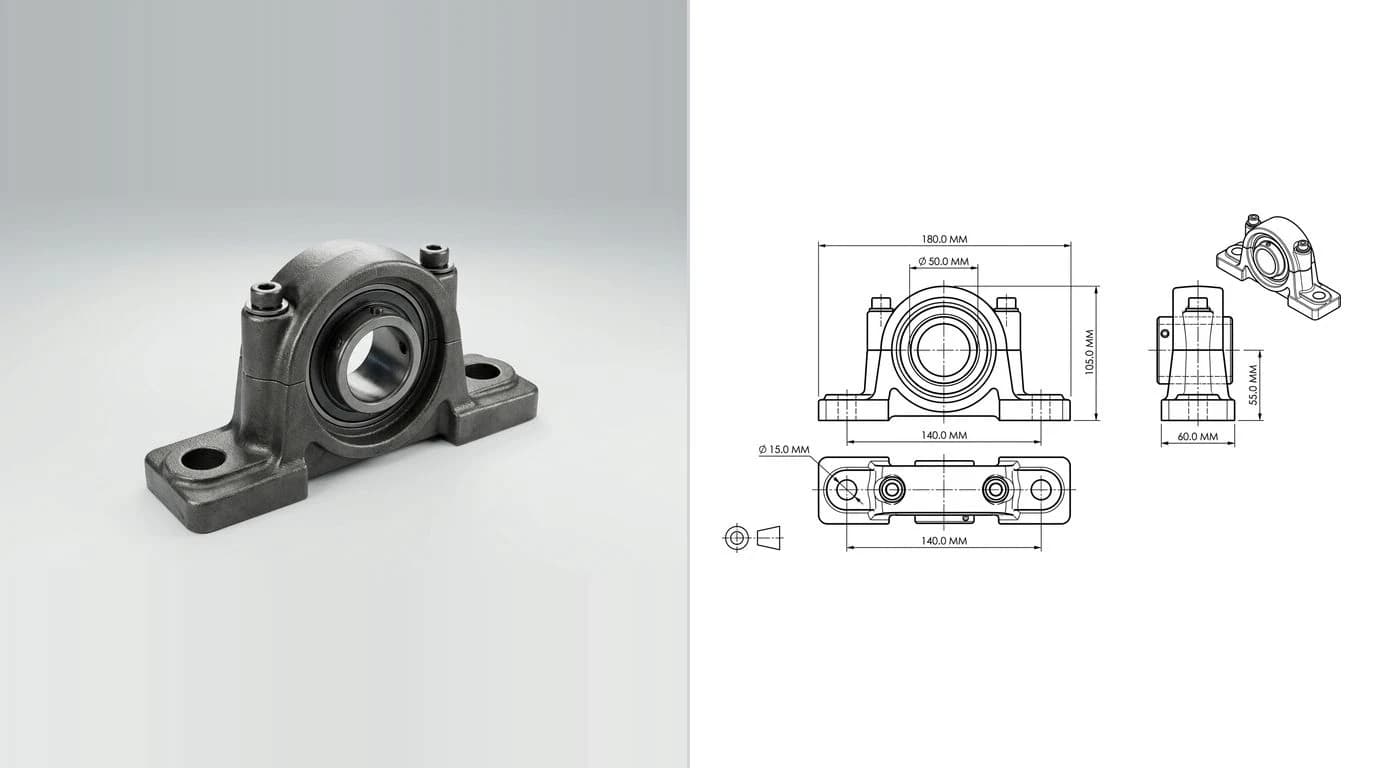 A photo of a cast iron pillow block bearing housing on the left and its dimensioned technical drawing on the right