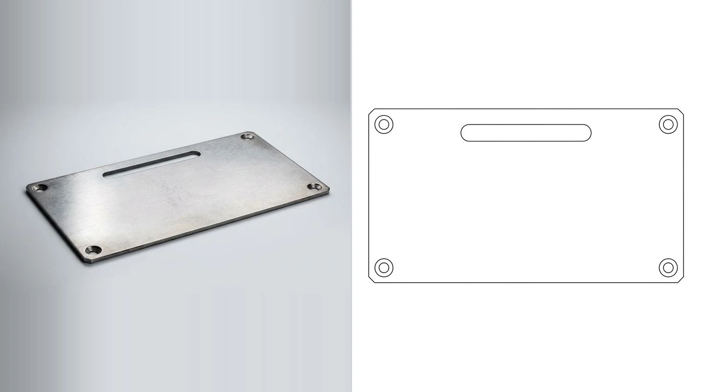 A photo of a flat laser cut steel plate with a slot and corner holes on the left and its closed cutting outline on the right
