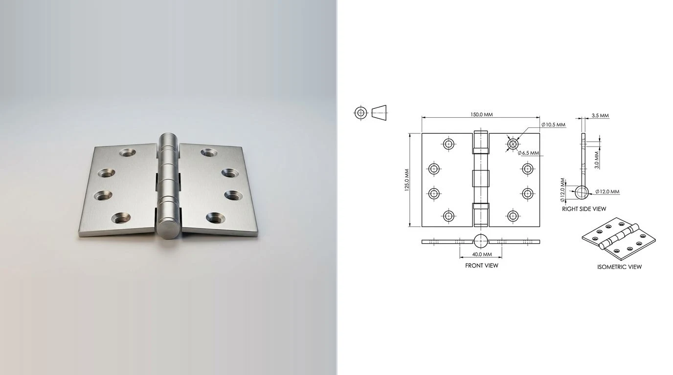 A photo of a steel butt hinge lying open and flat on the left and its dimensioned technical drawing on the right