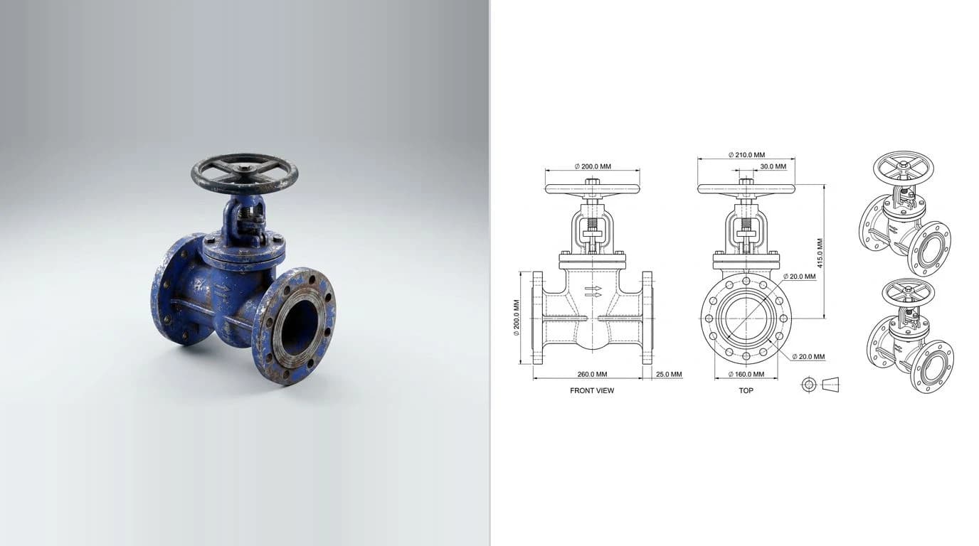 A photo of a cast industrial valve body with two flanged ports on the left and its dimensioned technical drawing on the right