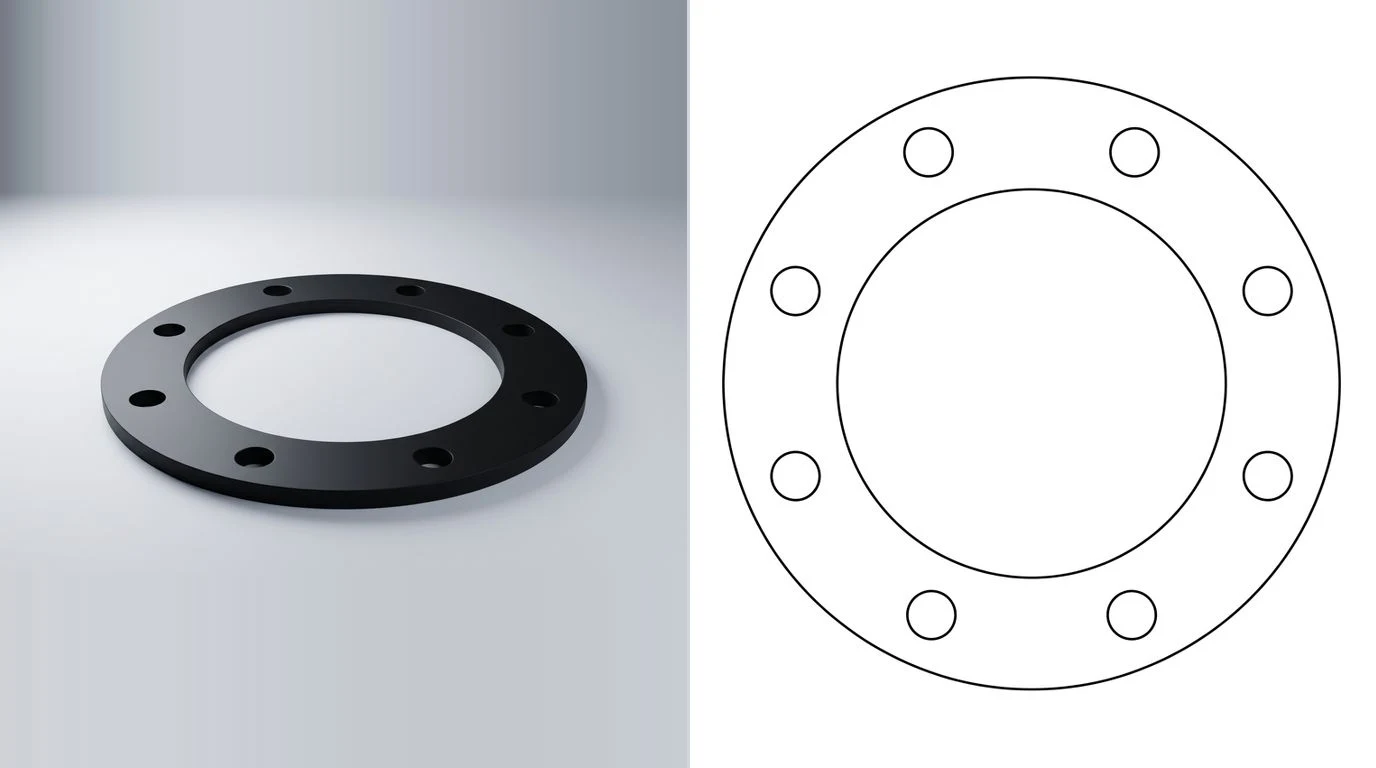 A photo of a flat rubber gasket ring with bolt holes on the left and its closed cutting outline on the right