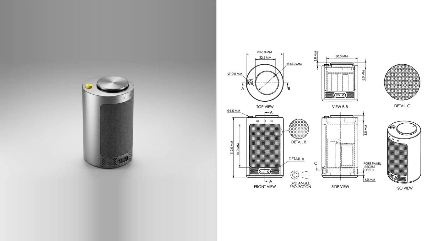 A photo of a portable bluetooth speaker with a cylindrical body on the left and its dimensioned technical drawing on the right