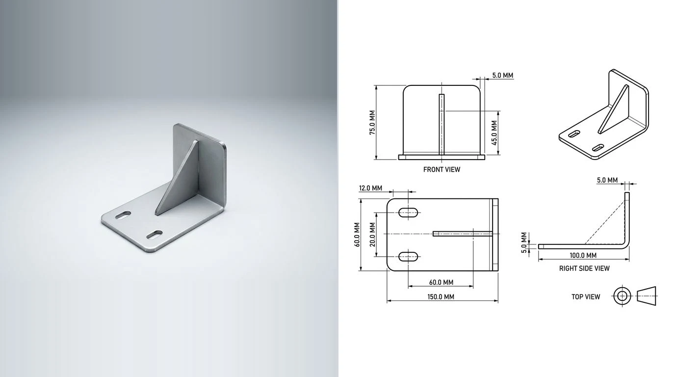 A photo of a folded steel bracket with slotted holes on the left and its dimensioned technical drawing on the right