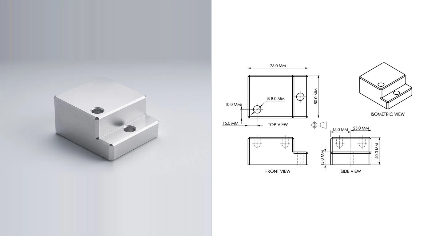 A photo of a machined aluminium block with a stepped profile on the left and its dimensioned technical drawing on the right