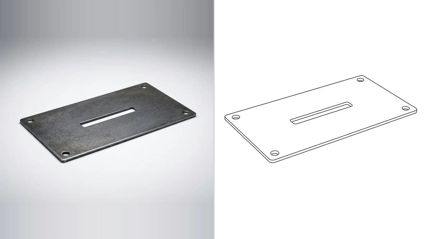 A photo of a flat laser cut steel plate with a slot on the left and its closed cutting outline on the right