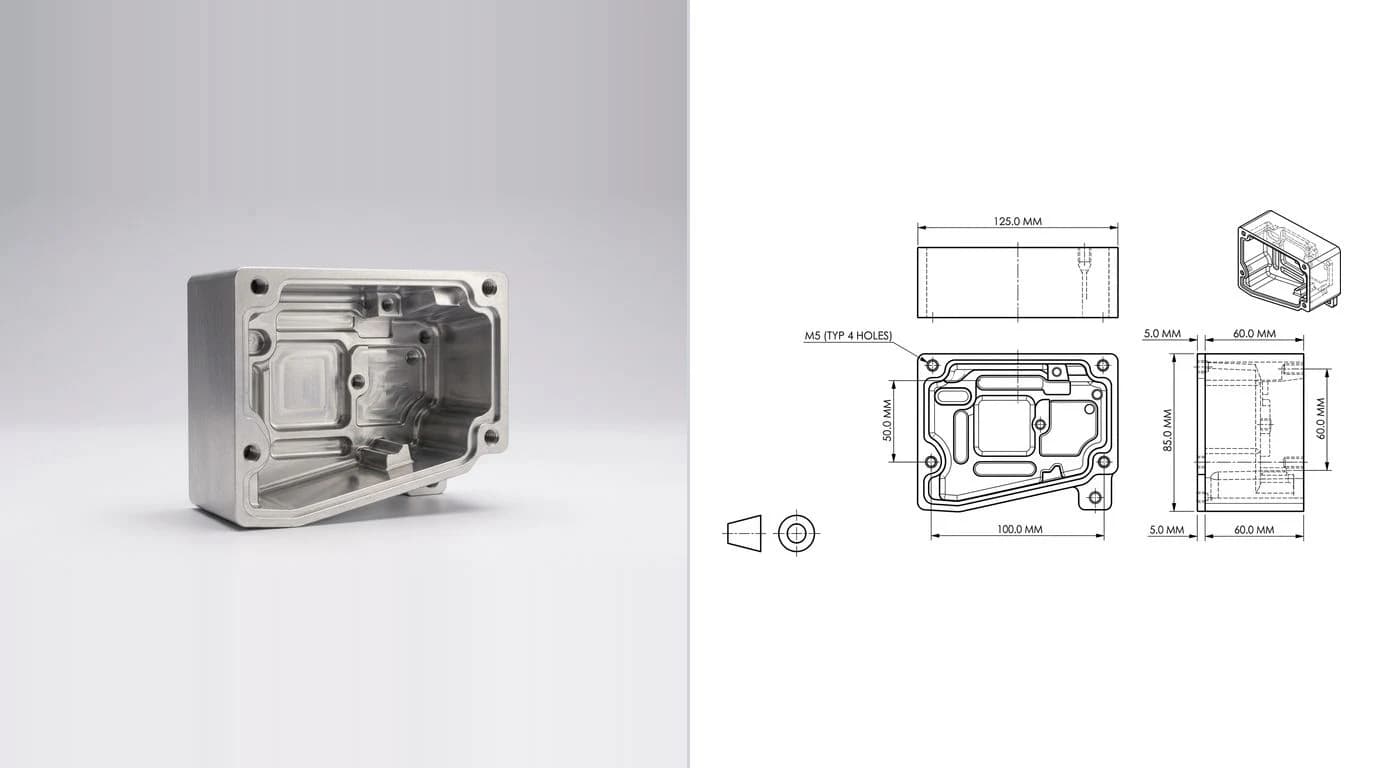 A photo of a machined aluminium block with a milled pocket on the left and its dimensioned technical drawing on the right