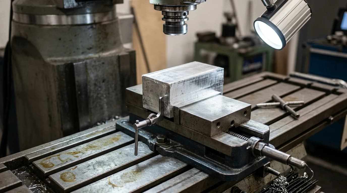 An aluminium billet clamped in a vice on a CNC mill table with an edge finder near the corner