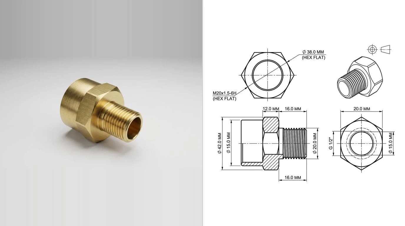 A photo of a turned brass fitting with a hex flat on the left and its dimensioned technical drawing on the right