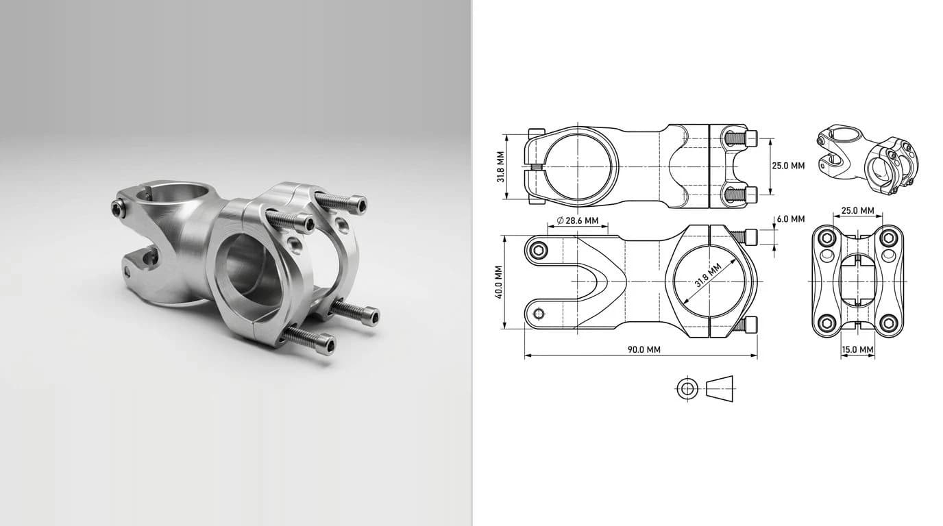 A photo of a machined aluminium bicycle stem with a faceplate on the left and its dimensioned technical drawing on the right