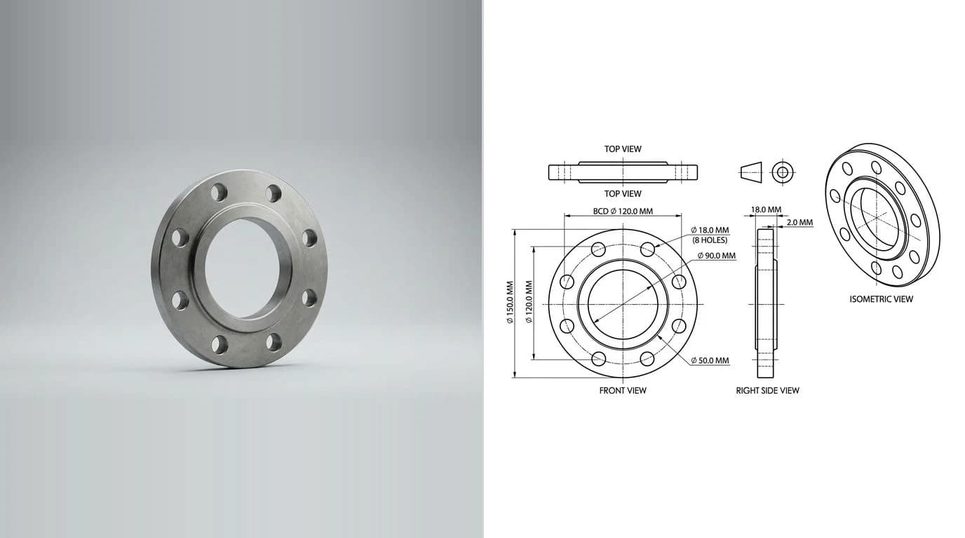A photo of a steel pipe flange with a bolt circle on the left and its dimensioned technical drawing on the right