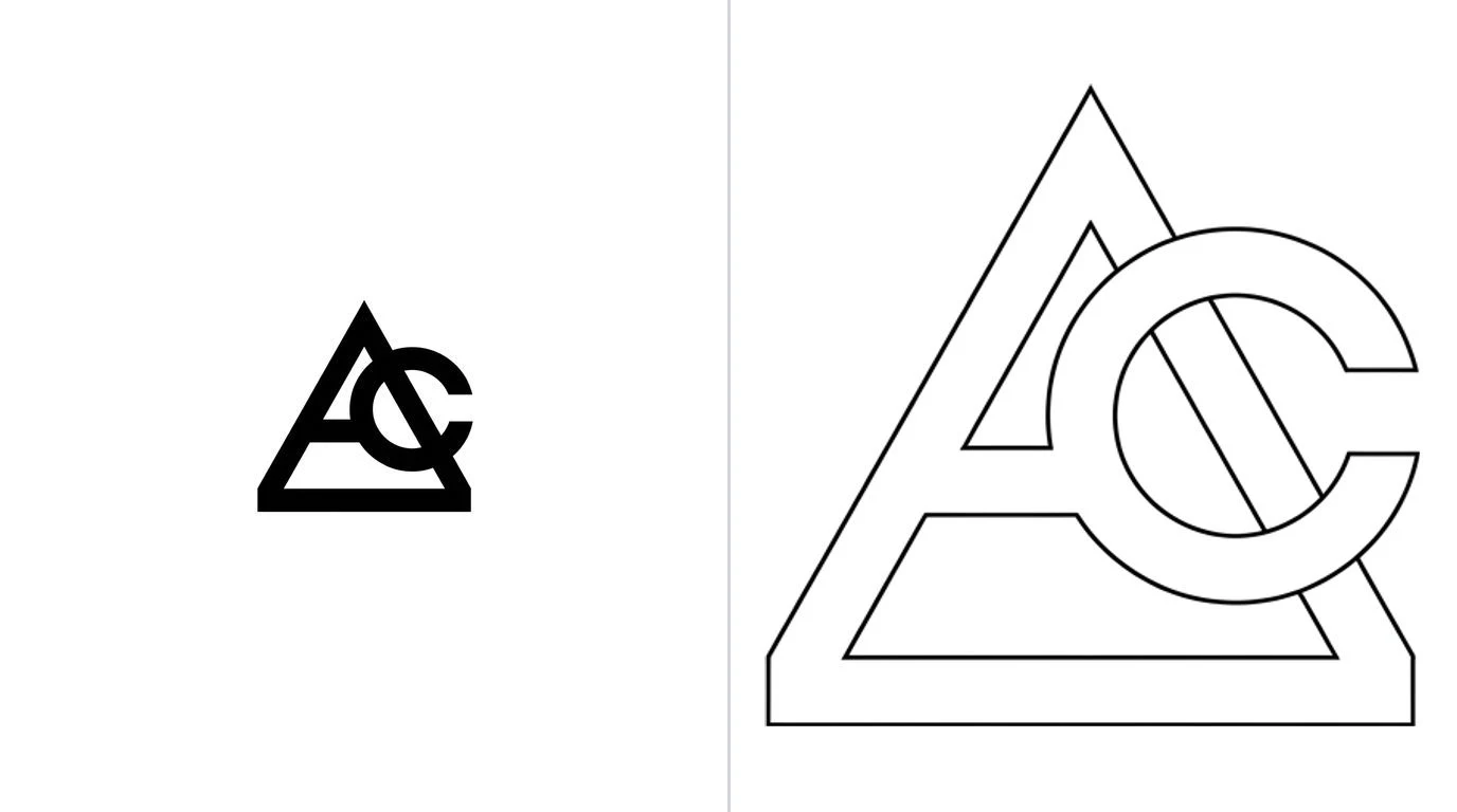 A bold geometric logo mark on the left and its clean closed vector outline on the right