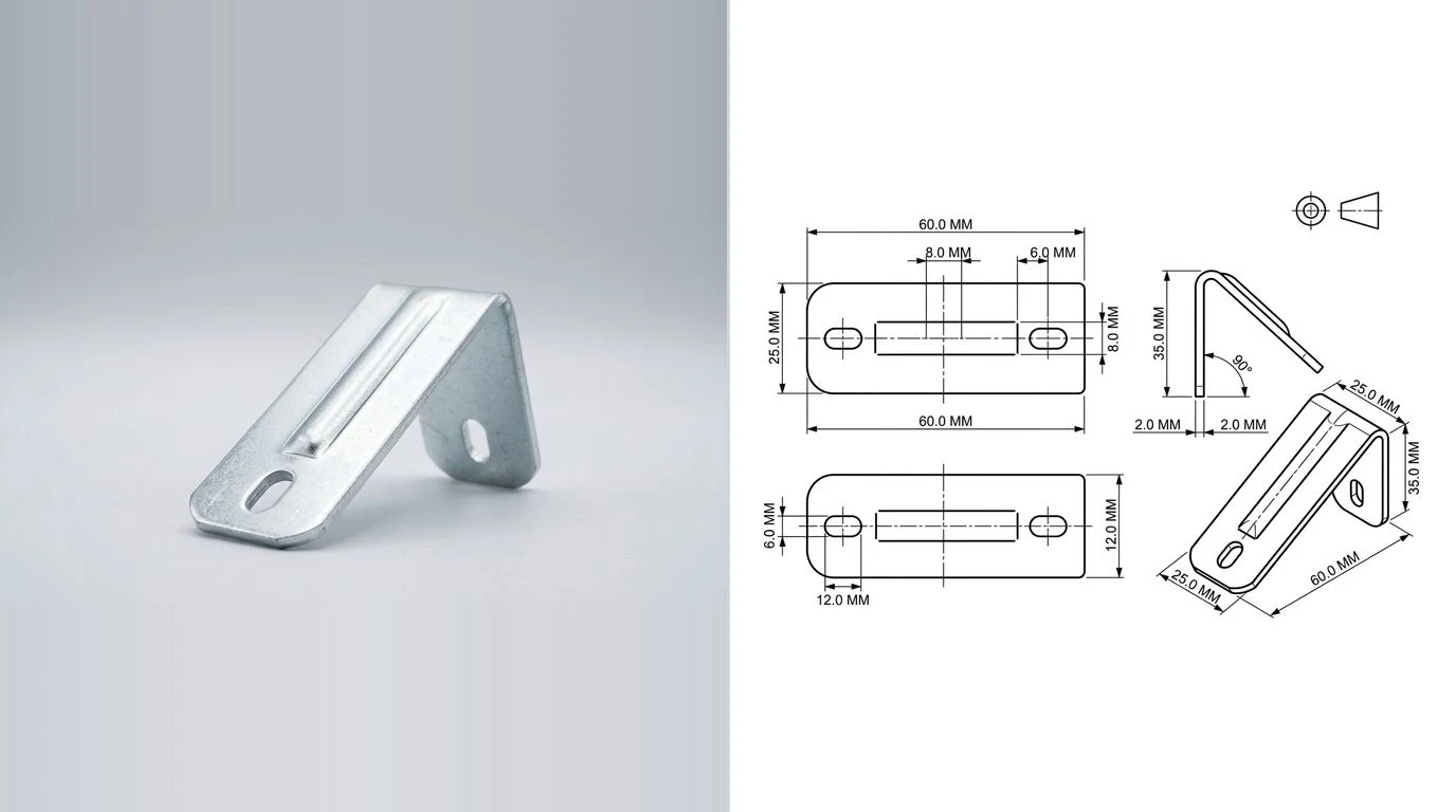 A photo of a folded steel bracket with slotted holes on the left and its dimensioned technical drawing on the right